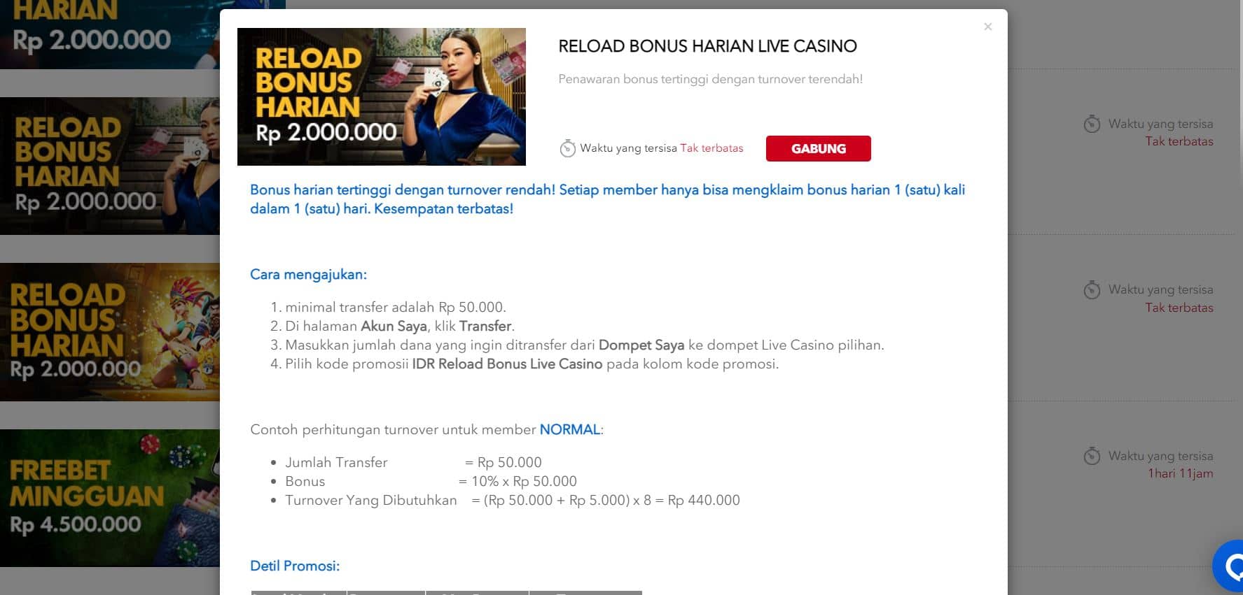 Promo Bonus Reload Harian Live Casino di BK8